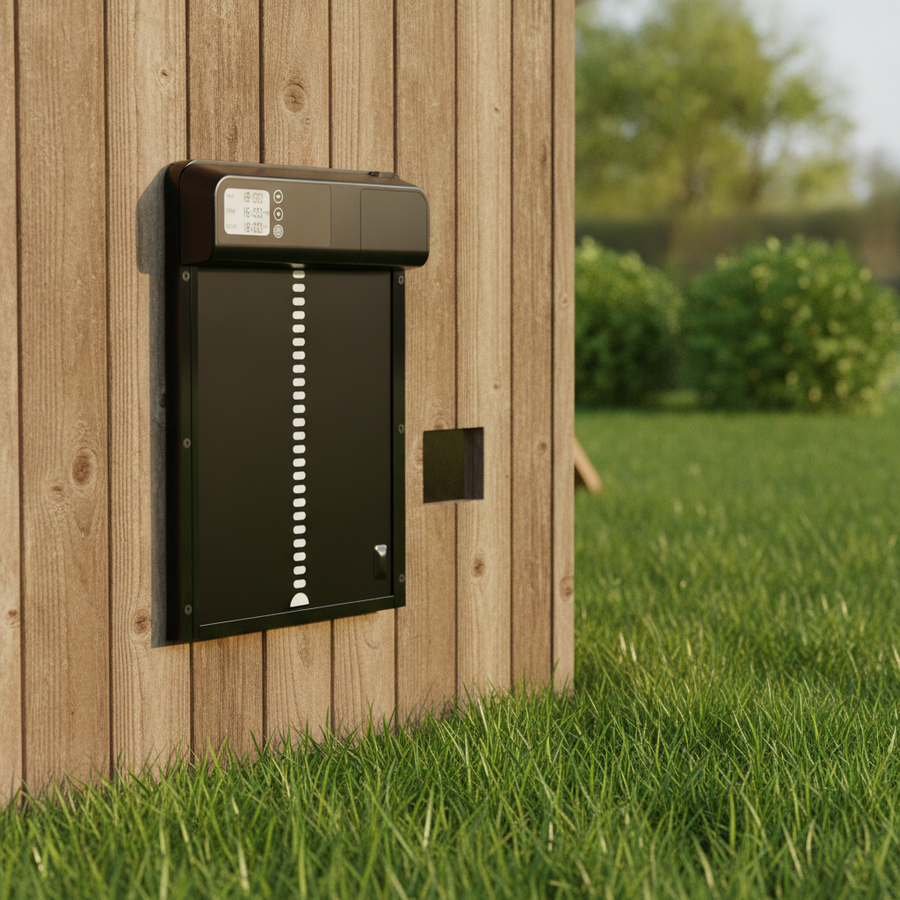 The door mounted on a timber coop wall, panel lowered, garden behind