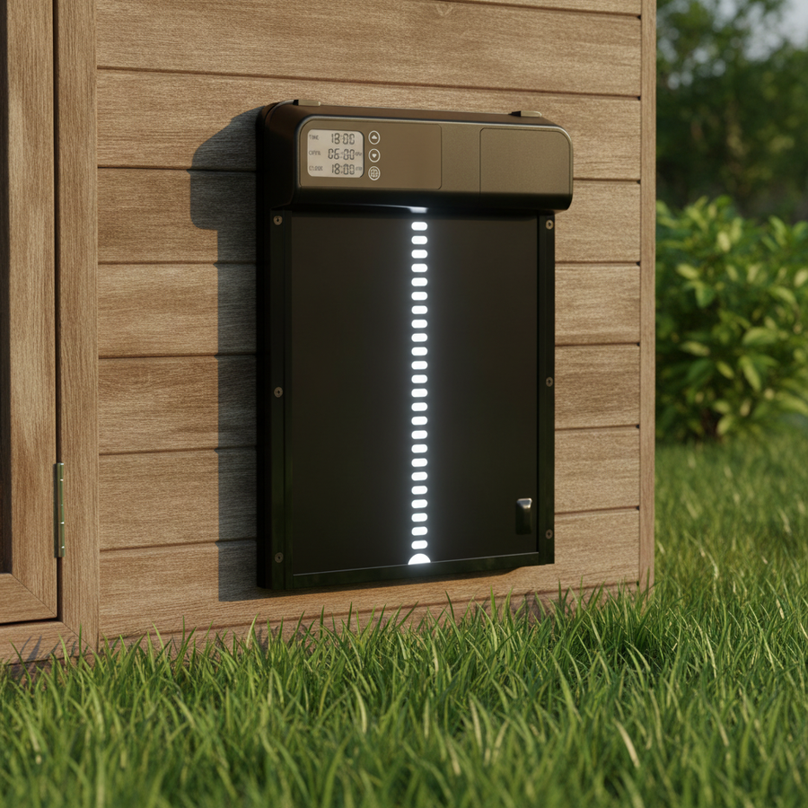 The door mounted on a coop wall, seen at an angle in daylight