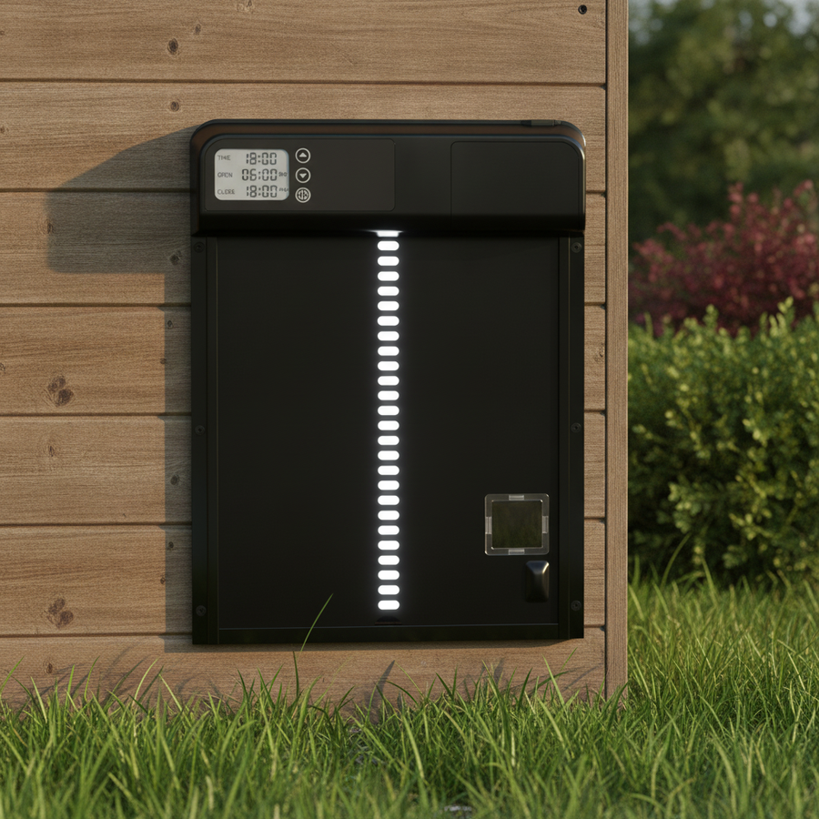 The door on a garden coop wall in late afternoon light