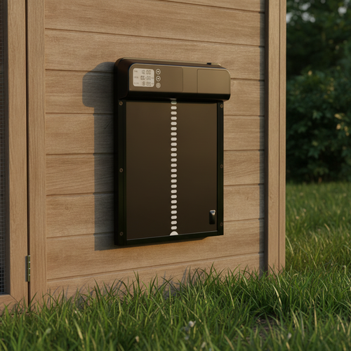 The door fitted to the timber wall of a garden coop, grass in the foreground