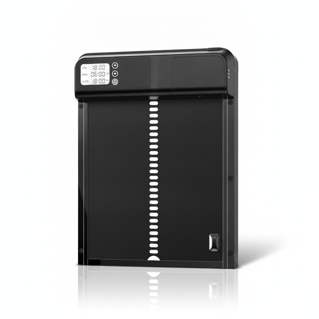 Hengate automatic coop door, three-quarter view on a plain studio background, LCD timer visible