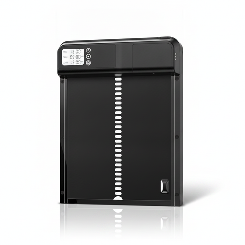 Hengate automatic coop door, three-quarter view on a plain studio background, LCD timer visible
