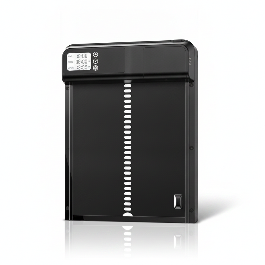 Hengate automatic coop door, three-quarter view on a plain studio background, LCD timer visible